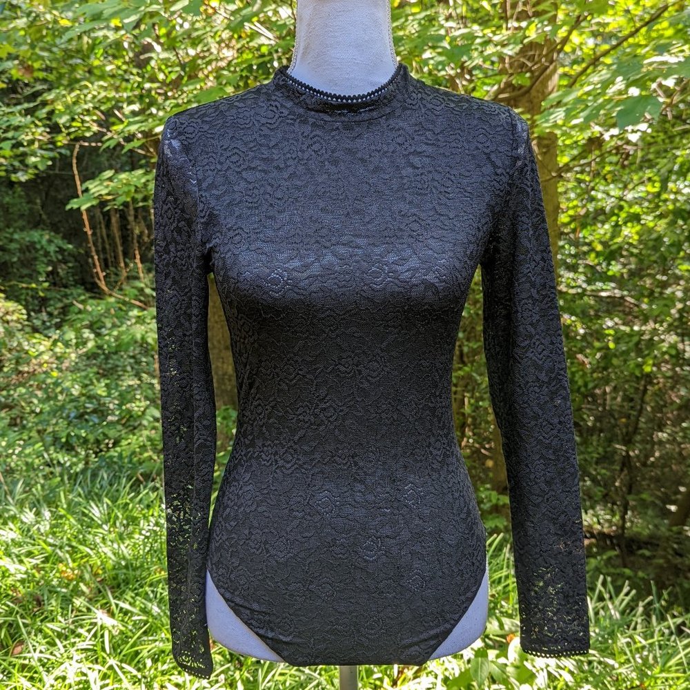 JONATHAN SIMKHAI Stretch Lace Bodysuit Long Sleeves in Semi Sheer Black Sz Small - Picture 2 of 11